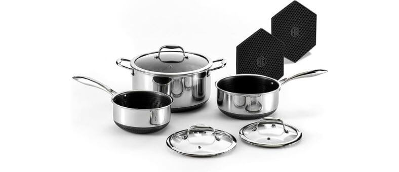 best nonstick cookware sets with hybrid stainless steel and nonstick surface from HexClad including saucepans and sauté pan