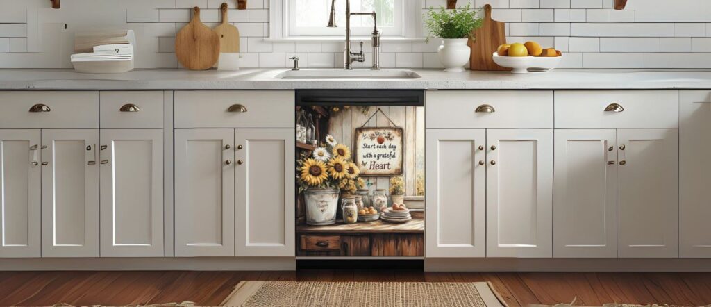 Warm farmhouse kitchen with one of the Best Dishwashers Magnetic Covers featuring sunflowers and a “Start each day with a grateful heart” quote.