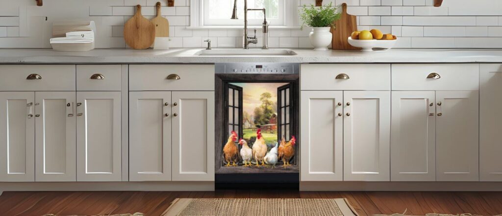 Rustic kitchen decor paired with a farm-style dishwasher door from the Best Dishwashers Magnetic Covers series, featuring chickens at a window view.