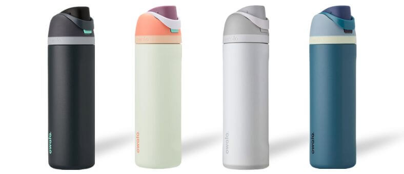 Four Owala FreeSip insulated stainless steel water bottles in various colors, featuring a unique dual-function spout and push-button lids for easy sipping or swigging.