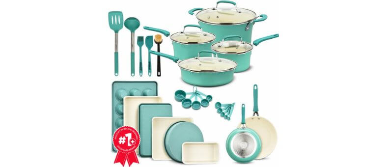 best nonstick cookware sets in teal ceramic by Bakken-Swiss with complete cooking, baking, and utensil collection