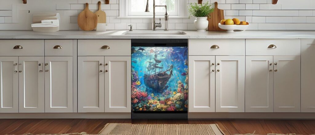 A vibrant aquatic-themed magnetic front from the Best Dishwashers Magnetic Covers, featuring a sunken pirate ship surrounded by tropical fish and coral.