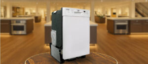 Feature image of SPT SD-9254W Dishwasher Review: The image shows the built-in (under-counter) dishwasher is placed in an appliance showroom, displaying the dishwasher’s refined and modern look, with a streamlined front panel and stylish build that complements today’s kitchens.