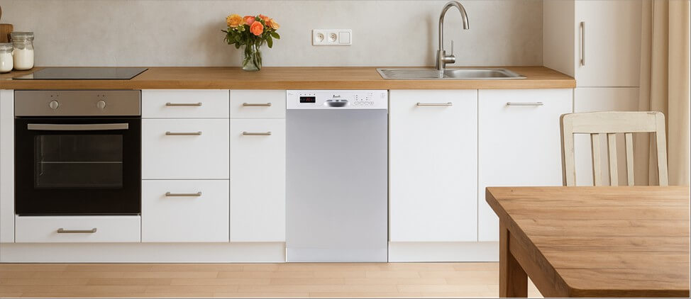A bright, modern kitchen featuring built-in cabinetry with integrated appliances and a sink. One of the cabinets is fitted with a the Avanti DWF18V3S dishwasher, highlighting how well it integrates into a minimalist, functional kitchen layout.