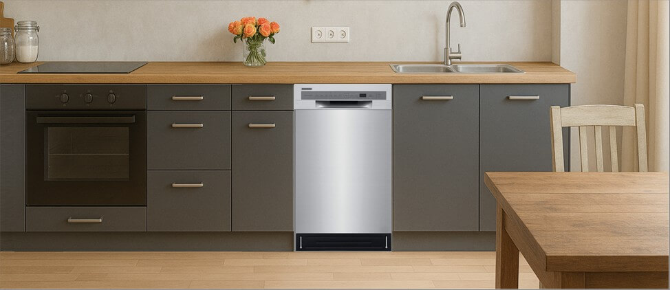 A bright, modern kitchen featuring built-in cabinetry with integrated appliances and a sink. One of the cabinets is fitted with a the Frigidaire FFBD1831US dishwasher, highlighting how well it integrates into a minimalist, functional kitchen layout.