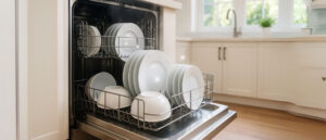 dishwasher-safe dinnerware sets sparkling clean inside an open dishwasher in a bright kitchen.