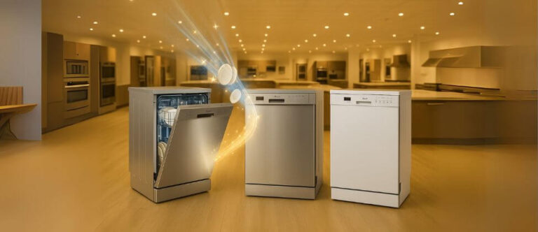 A lineup of the best Avanti dishwashers in a showroom, with one open unit casting magical sparkles and glowing light.