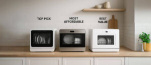 A featured image showcasing few models of the best budget countertop dishwasher, arranged on a kitchen counter to represent top picks based on affordability, value, and performance in a modern home setting.