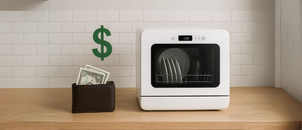 Compact white countertop dishwasher next to a wallet with dollar bills and a green dollar sign, symbolizing the topic "Choosing the Best Budget Countertop Dishwasher"