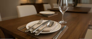 Elegant dining table arrangement featuring Best Dishwasher-Safe Flatware Sets for Every Occasion with forks, knives, and spoons placed on a plate over a soft linen napkin in a modern dining room.