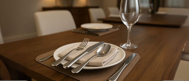 Best Dishwasher-Safe Flatware Sets for Every Occasion Elegant dining table arrangement featuring Best Dishwasher-Safe Flatware Sets for Every Occasion with forks, knives, and spoons placed on a plate over a soft linen napkin in a modern dining room.