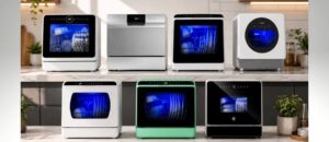 Best Rated Countertop Dishwashers displayed in a modern kitchen with seven countertop dishwasher models arranged in two rows, highlighting different designs, sizes, and front-view styles for easy visual comparison.