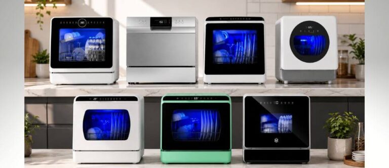 Best Rated Countertop Dishwashers displayed in a modern kitchen with seven countertop dishwasher models arranged in two rows, highlighting different designs, sizes, and front-view styles for easy visual comparison.