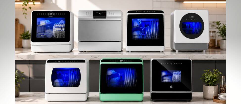 Best Rated Countertop Dishwashers displayed in a modern kitchen with seven countertop dishwasher models arranged in two rows, highlighting different designs, sizes, and front-view styles for easy visual comparison.