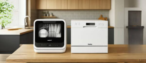 Comfee Vs Danby Dishwashers displayed side by side on a modern kitchen counter, showing the compact Comfee model with a black front window and the larger white Danby model with digital controls.