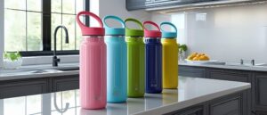 A lineup of colorful dishwasher-safe water bottles displayed on a modern white kitchen countertop, with a sleek sink, window, and fruit bowl in the background.