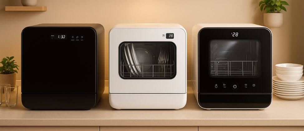 A modern kitchen with three of the best rated countertop dishwashers neatly displayed on a clean beige counter.