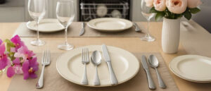 Elegant dining table with dishwasher-safe cutlery set neatly arranged on cream plates, featuring stainless steel forks, knives, and spoons, with an open dishwasher in the background