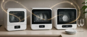 Featured Image for Best Rated Countertop Dishwasher: Best rated countertop dishwashers displayed with magical sparkles in a modern kitchen setup.