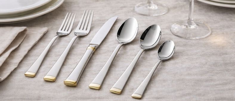 Elegant stainless steel cutlery set arranged on a dining table with plates, wine glasses, and candle lighting.