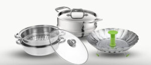 A side-by-side view of the best dishwasher-safe food steamers, including stainless steel multi-tier steamers and foldable vegetable steam baskets, ideal for healthy and hassle-free cooking.