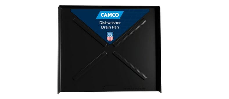Black plastic dishwasher drain pan with elevated ridges and a blue Camco label at the top center, marked "Made in USA.