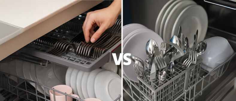 Side-by-side comparison of a dishwasher cutlery tray on the left and a cutlery basket on the right, both filled with utensils and surrounded by neatly stacked dishes