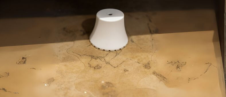 White cone-shaped water leak detector sitting in a puddle beneath a kitchen sink.