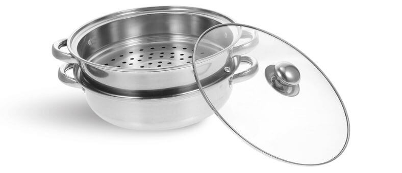 Image features a stainless steel double-layer food steamer with a glass lid, designed for stovetop cooking.