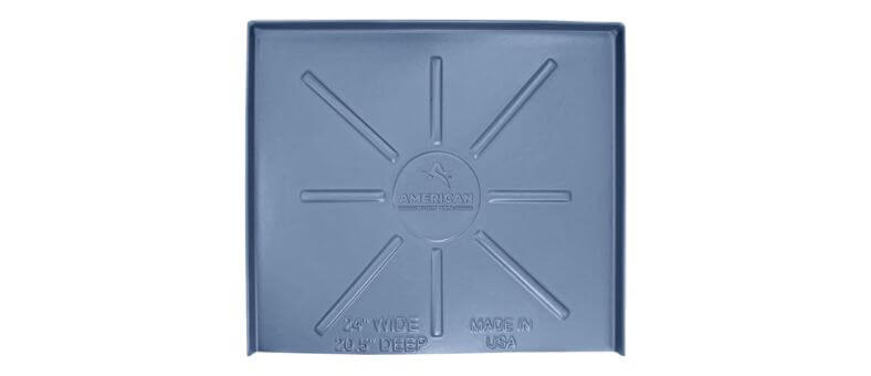 Blue plastic drain pan featuring radial support ridges and embossed text indicating dimensions and "Made in USA.