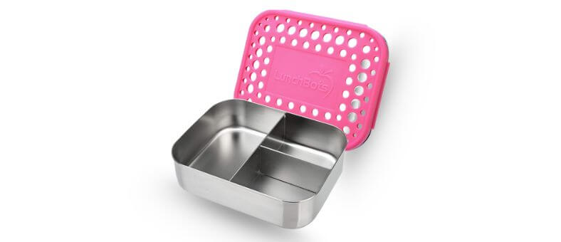 A stainless steel lunch container with two compartments and a pink perforated silicone lid, designed for snacks.