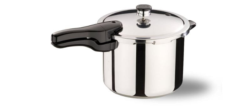 Side view of a Presto pressure cooker with a black long handle and polished finish.