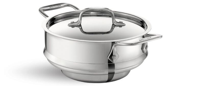 Image displays a polished stainless steel universal steamer insert with side handles and a matching lid.