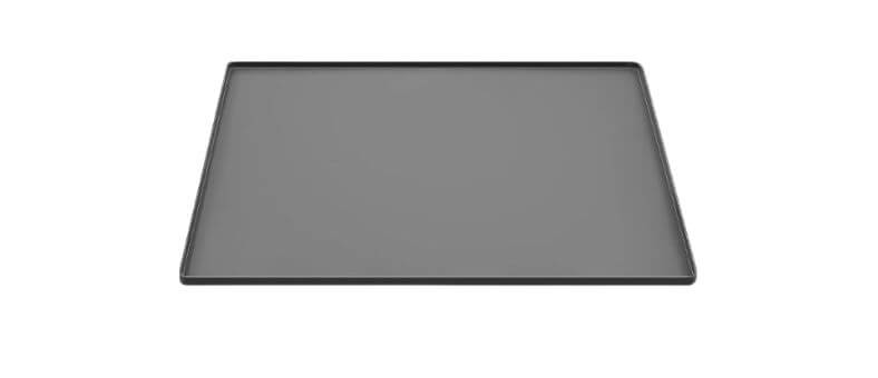 Minimalist, flat black dishwasher drain pan with slightly raised edges, shown on a white background.