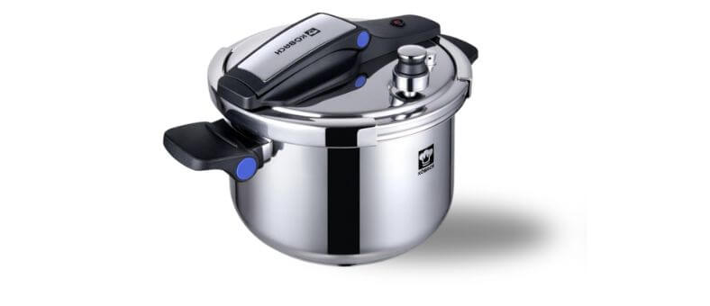 Modern KOBACH pressure cooker with dual-tone handles and stainless steel body.