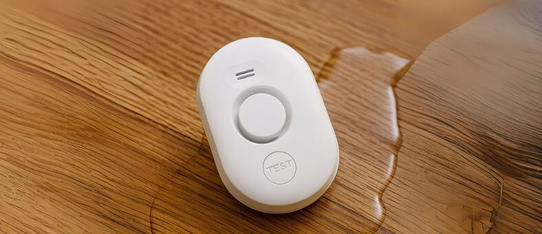 Oval-shaped water leak detector with a test button resting on a wooden floor near a water spill.