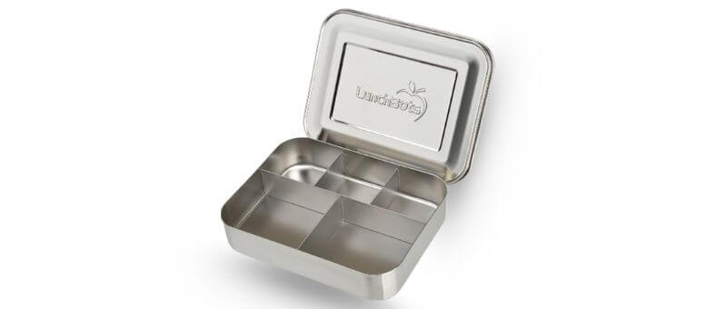 A stainless steel lunch container with five evenly divided compartments and a secure fitted lid.