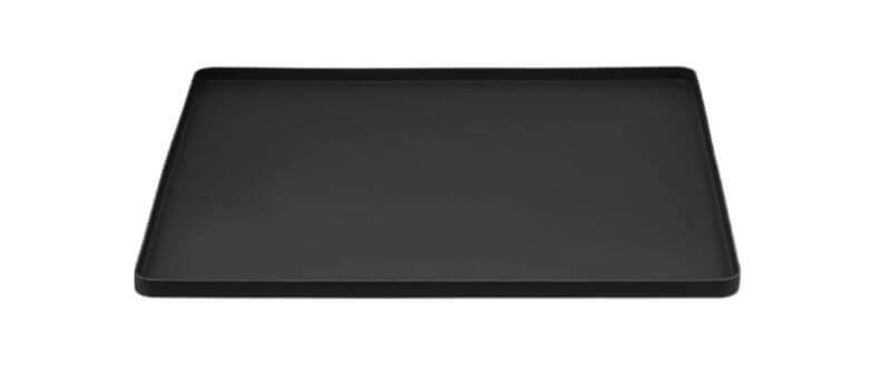 Simple black silicone dishwasher drip pan with rounded corners and smooth raised edges, displayed on a white background.