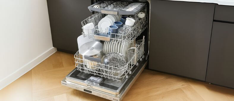 Fully loaded dishwasher with a top-level cutlery tray holding neatly arranged silverware, showcasing efficient use of space and organized dish placement on all three racks