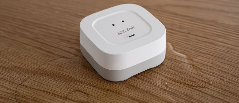 Compact square-shaped YoLink leak sensor detecting water on a hardwood floor.