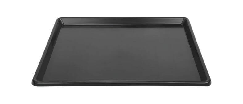 Sturdy black rectangular drip tray with slightly sloped sides and defined edges, designed for under-appliance leak protection.