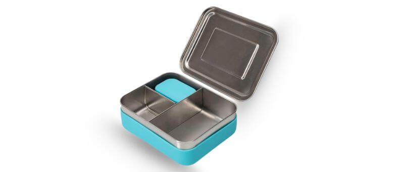A rectangular bento-style lunchbox featuring a turquoise exterior and three stainless steel compartments inside.