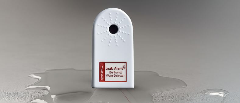 Upright leak detector standing in water with a red label that reads “Leak Alert.”