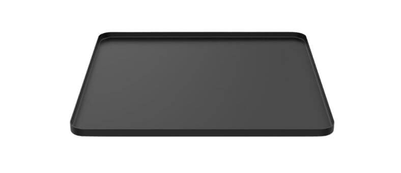 Black plastic dishwasher drain pan with subtle edge curvature, clean and minimal design, shown from a top angle.