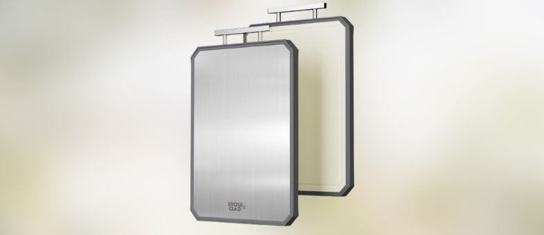 Two premium stainless steel cutting boards with black rubber borders and metal hanging hooks, perfect for modern kitchens.