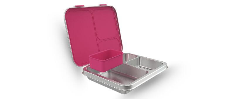 A rectangular stainless steel lunchbox with a pink lid and three compartments, including a removable container.