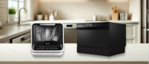 Side-by-side view of two compact countertop dishwashers, with the Comfee model on the left and the Midea model on the right, both placed in a stylish modern kitchen. This Comfee vs Midea image highlights the visual design differences and size variations, helping shoppers compare aesthetics and space fit before choosing the best dishwasher for their needs.