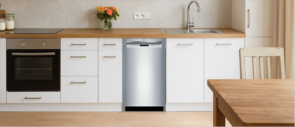 A sleek, contemporary kitchen with built-in cabinetry, integrated appliances, and a modern sink setup. The BOSCH SHEM63W55N dishwasher is seamlessly installed within the cabinetry, demonstrating its compatibility with clean, minimalist kitchen designs.