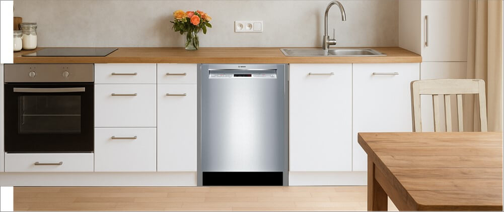 A sleek, contemporary kitchen with built-in cabinetry, integrated appliances, and a modern sink setup. The BOSCH SHEM63W55N dishwasher is seamlessly installed within the cabinetry, demonstrating its compatibility with clean, minimalist kitchen designs.