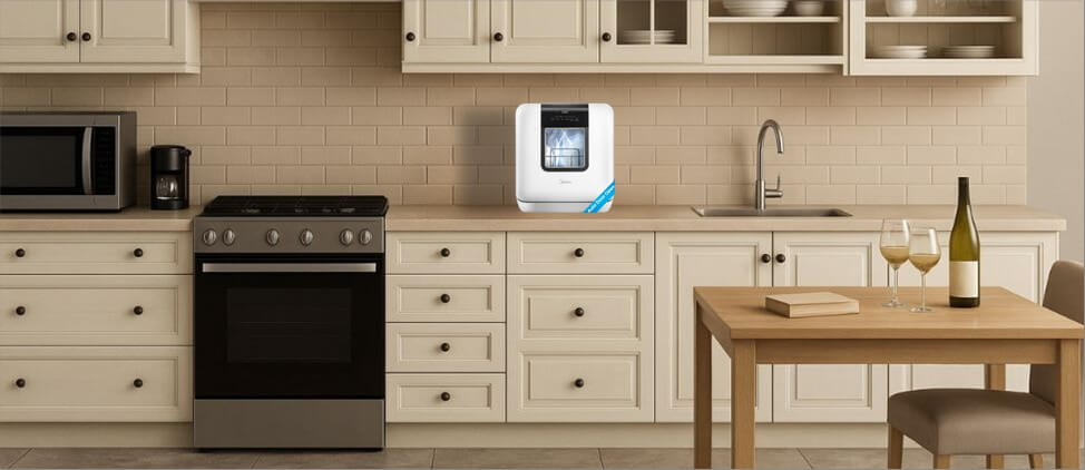 A visual size comparison chart displaying theMidea MDC17P2DWW dishwasher alongside a standard kitchen counter and average human heights. The graphic helps users understand its compact dimensions and how it fits within a regular kitchen environment.